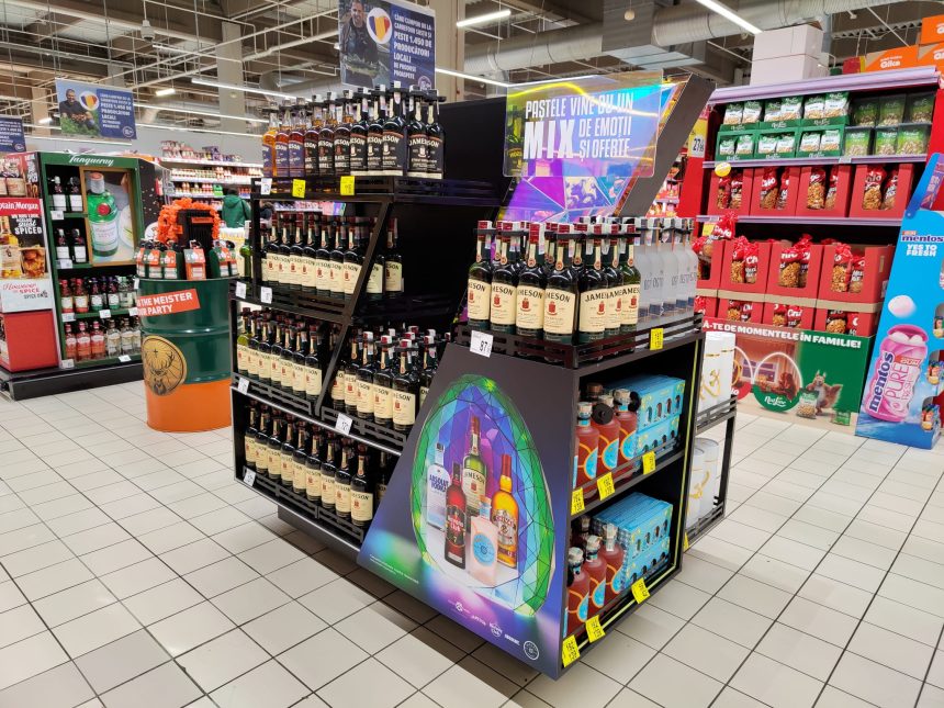Raft promoțional de Paște într-un hipermarket, cu băuturi alcoolice Jameson, Absolut și mixere Lala expuse alături de panouri colorate și mesaje promoționale.